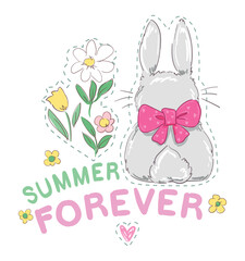 Hand drawn cute bunny and flowers, summer forever kids print design, vector illustration