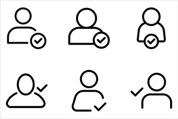 Profile with checkmark icon set, line outline art user account accepted symbol with tick, approved or applied person sign on white background