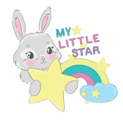 Obraz na płótnie Canvas Hand Drawn cute Bunny and rainbow, My Little Star vector illustration, kids print design
