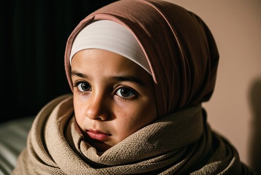 Close-up of a sad Muslim girl in a hijab wrapped in a warm blanket. Refugees from the Middle East. Portrait of a Muslim child.