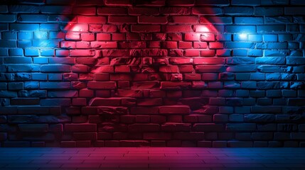 Neon light on brick walls that are not plastered background and texture. Lighting effect red and...