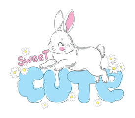 Hand Drawn Cute Bunny, print design rabbit, children print on tshirt