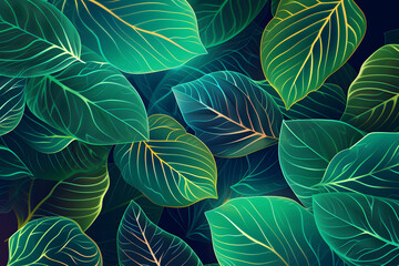 Green leave with neon light on background.