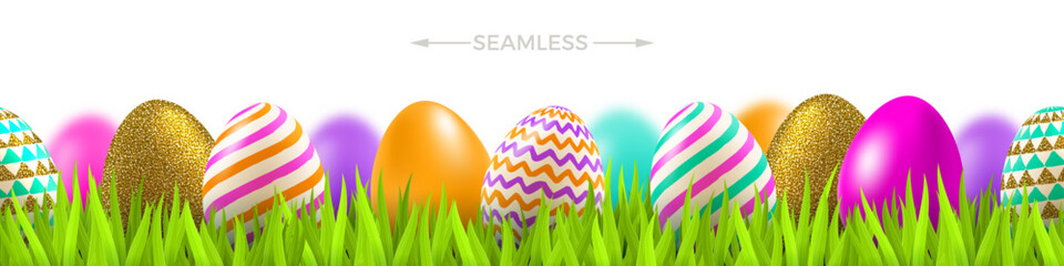 Easter eggs on meadow. Multicolored painted holiday eggs on the grass, Background loopable banner. Design for greeting card, invitation. promotion, flyer.