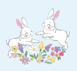 Hand drawn cute bunny and flowers, kids print design, vector illustration