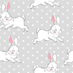 Hand Drawn Cute Bunny Vector Pattern, print design rabbit seamless background, children print textile design