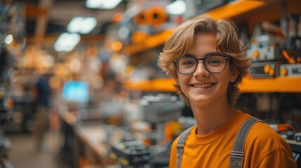 Smiling young boy with glasses selecting items in a well-stocked hardware store, conveying a sense of joy in DIY shopping.