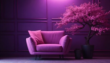 A modern purple sofa with a pink cushion in a room with purple walls and a blooming pink cherry...