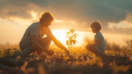 A heartwarming moment of a father and son planting a young tree in a field during a golden sunset, symbolizing growth and education.