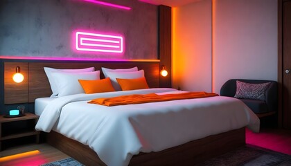  A neatly made bed with white linens and patterned pillows, flanked by a wooden headboard and a nightstand with an orange lamp. The environment suggests a tidy hotel room or a modern bedroom interio