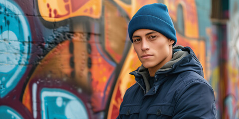 Obraz na płótnie Canvas Young Man in Blue Beanie and Winter Jacket Against Graffiti