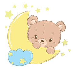 Hand Drawn Cute Bear and moon Vector Illustration, Woodland animal, Print for childrens