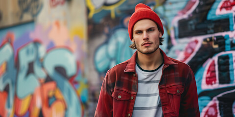 Fototapeta premium Fashionable Man in Red Beanie and Plaid Jacket by Graffiti Wall