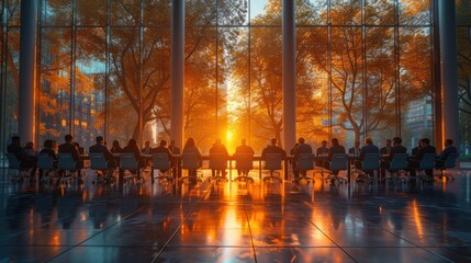Business professionals gathered in a modern conference room with a stunning sunset backdrop seen through floor-to-ceiling windows.