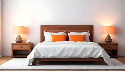 A neatly made bed with white linens and patterned pillows, flanked by a wooden headboard and a nightstand with an orange lamp.