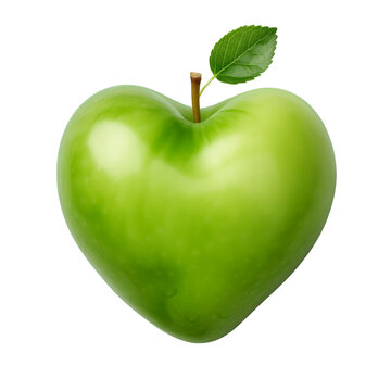 Heart-Shaped Green Apple With Leaf Isolated on a Transparent Background. AI.