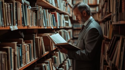 Male hands holding open book on bookshelves background