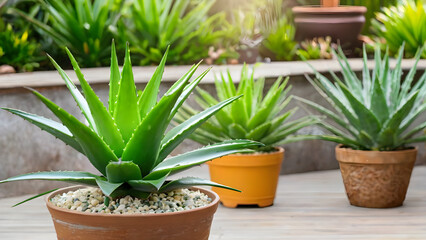 beautiful potted aloe vera plant on the garden space for text. aloe vera plant in a pot