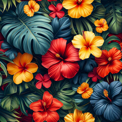 Tropical rainforest leaves and flowers as background, ai generated