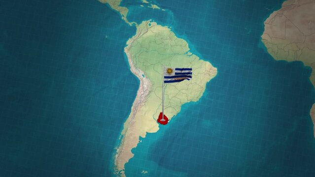 Uruguay map and flying flag.
