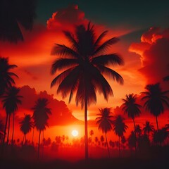 Fototapeta na wymiar Silhouette of palm trees on the background of a beautiful sunset. AI Generated