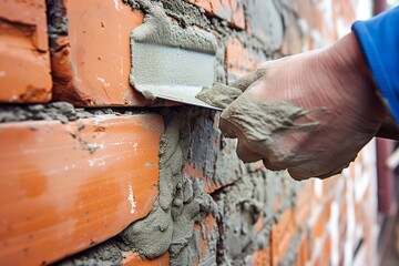 bricklayer applying mortar to a brick wall with a trowel - obrazy, fototapety, plakaty