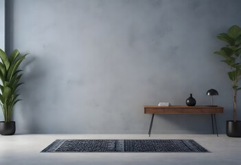 A minimalist interior scene with a gray textured wall, a green potted plant on the left, a black floor lamp on the right, and a blue patterned rug on the floor