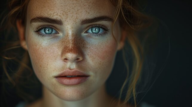 Close up portrait of freckled red haired young woman with blue eyes looking with calm and confidence at camera against black background.