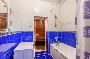 interior apartment room bathroom, sink, decorative elements, toilet. WC, sanitary unit, wash room