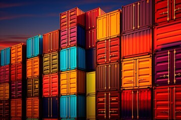 Fototapeta premium Container Citadel, Stacked like bricks, the containers form a formidable wall, showcasing the strength and unity in the architecture of this industrial fortress. Generative AI.