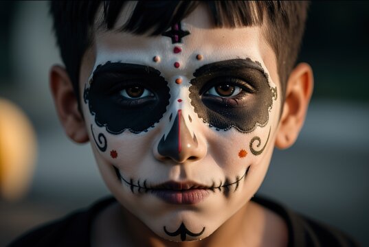 A child in a mask on the Day of All the Dead. Portrait of a scary little Mexican boy with makeup in the form of a skull for Halloween. El Dia de Muertos. 