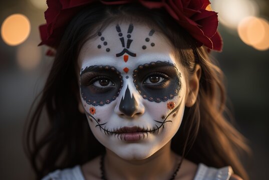 A child in a mask on the Day of All the Dead. Portrait of a scary little Mexican girl in skull makeup for Halloween. El Día de Muertos
