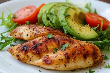 Healthy food diet, Grilled chicken meat and fresh vegetable salad of tomato and avocado