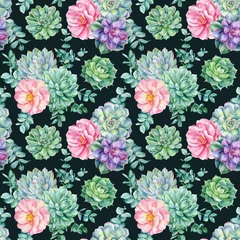 Fotobehang Cute Tropical Summer succulents seamless pattern. Watercolor green plant, flower rose. Hand painted vintage background © Hanna