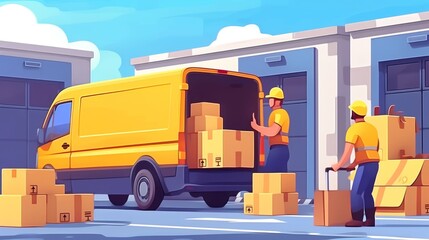 Workers unloading boxes from a van outdoors during a moving service operation on a sunny day.