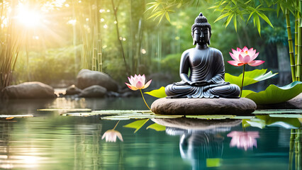 buddha statue on a rock lakeside natural spa background with Asian spirit tranquility in green nature