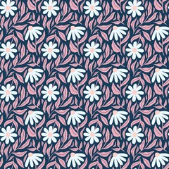 Seamless pattern Creative floral print with chamomile flowers, leaves on a dark background