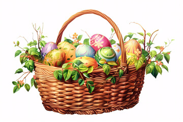 Fototapeta premium easter card, easter bunny with eggs, easter eggs and flowers, easter eggs in a basket, easter eggs and flowers on a white background, easter wall paper and background for social media 