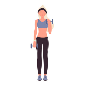 Fitness woman coach with dumbbells. Gym personal trainer, workout training vector illustration