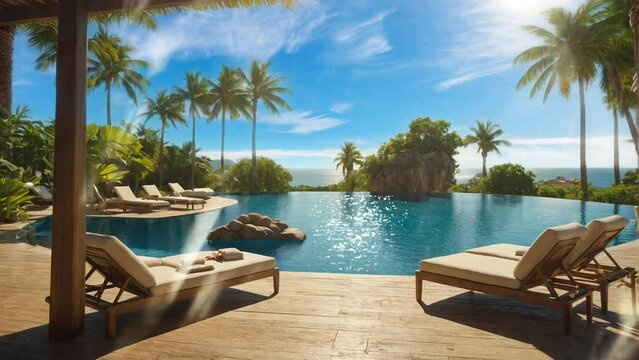 The Sunny Tropical Terrace overlooks the pool, where you can relax and bask in the hot sun. Seamless looping 4K video animation background.