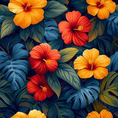 Tropical rainforest leaves and flowers as background, ai generated