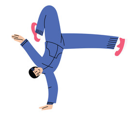 Cool young man in a track suit performing acrobatic trick, standing on one hand. Hand drawn breakdance dancer, isolated on white vector illustration