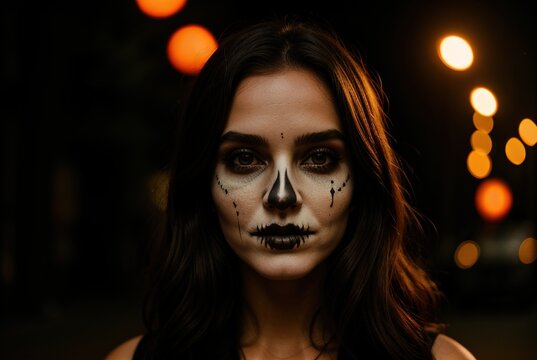 Close-up portrait of a young woman with a skeleton pattern on her face at night on a blurred background, bokeh. Halloween celebration.
