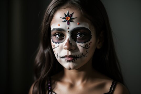 A child in a mask on the Day of All the Dead. Portrait of a scary little Mexican girl in skull makeup for Halloween. El Día de Muertos