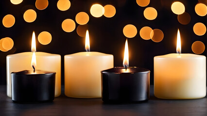 closeup of burning candles on abstract black background contemplate celebration mood with blurry bokeh