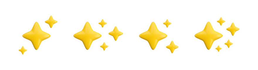 Vector 3d gold sparkle star set set collection on white background. Cute realistic cartoon 3d render, glossy yellow four pointed shining stars concepts for magic sparkling decoration, web, game, app