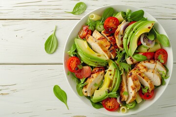 Healthy Chicken Pasta Salad with Avocado Tomato and olive oil and vinegar dressing in white bowl on white wood table vertical view from above free space