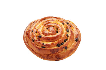 Freshly baked sweet bun with chocolate isolated on white background, top view