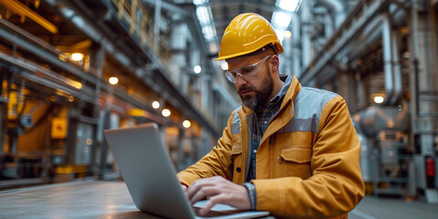 A focused engineer in an industrial facility uses a laptop, ensuring safety and control. - obrazy, fototapety, plakaty