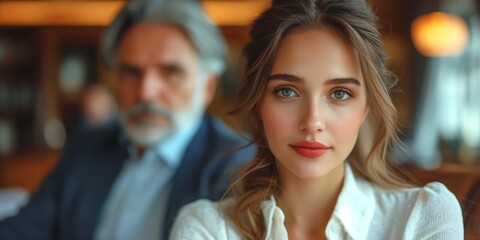 Fototapeta premium A stylish and cheerful businesswoman with her elder handsome colleague in a glamorous office setting.